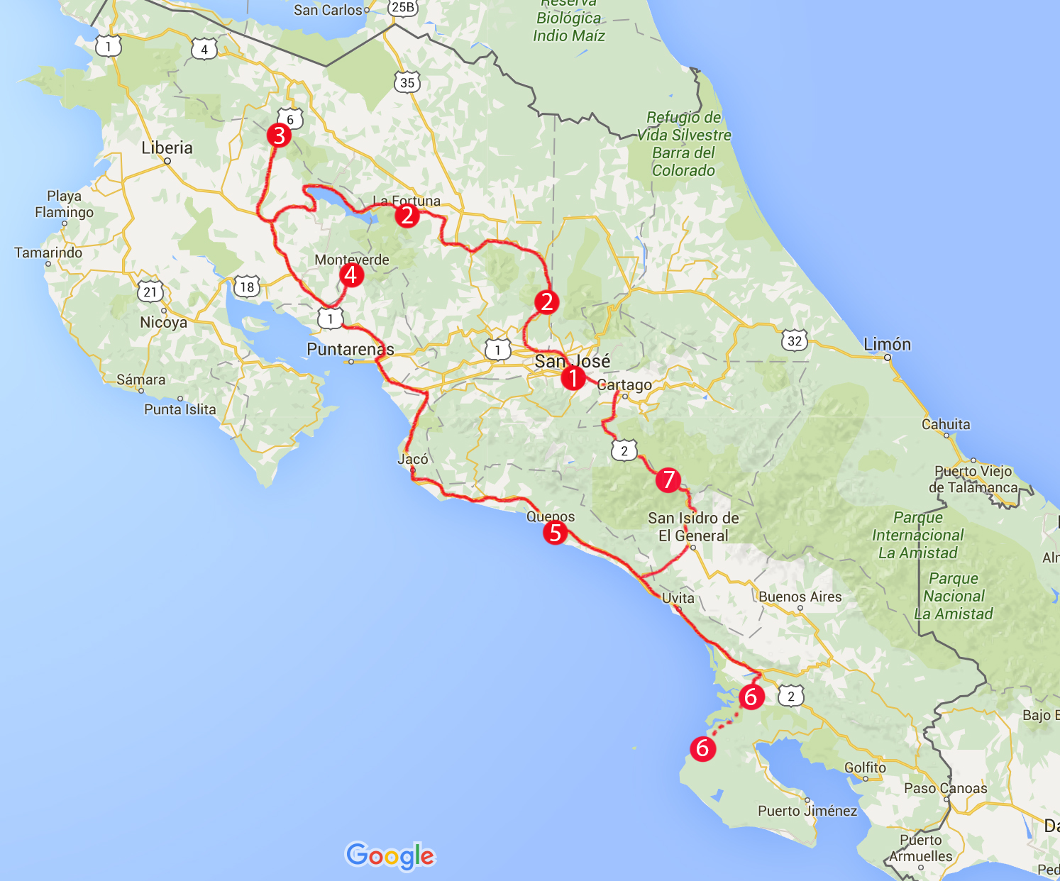 Itinéraire de notre voyage au Costa Rica