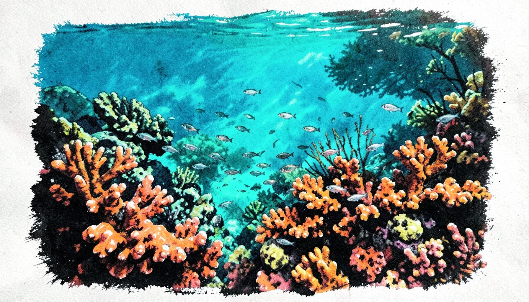 Récif corallien aux couleurs éclatantes, turquoise profond et corail orangé, traversé par un banc de petits poissons argentés dans une eau cristalline baignée de lumière tropicale.