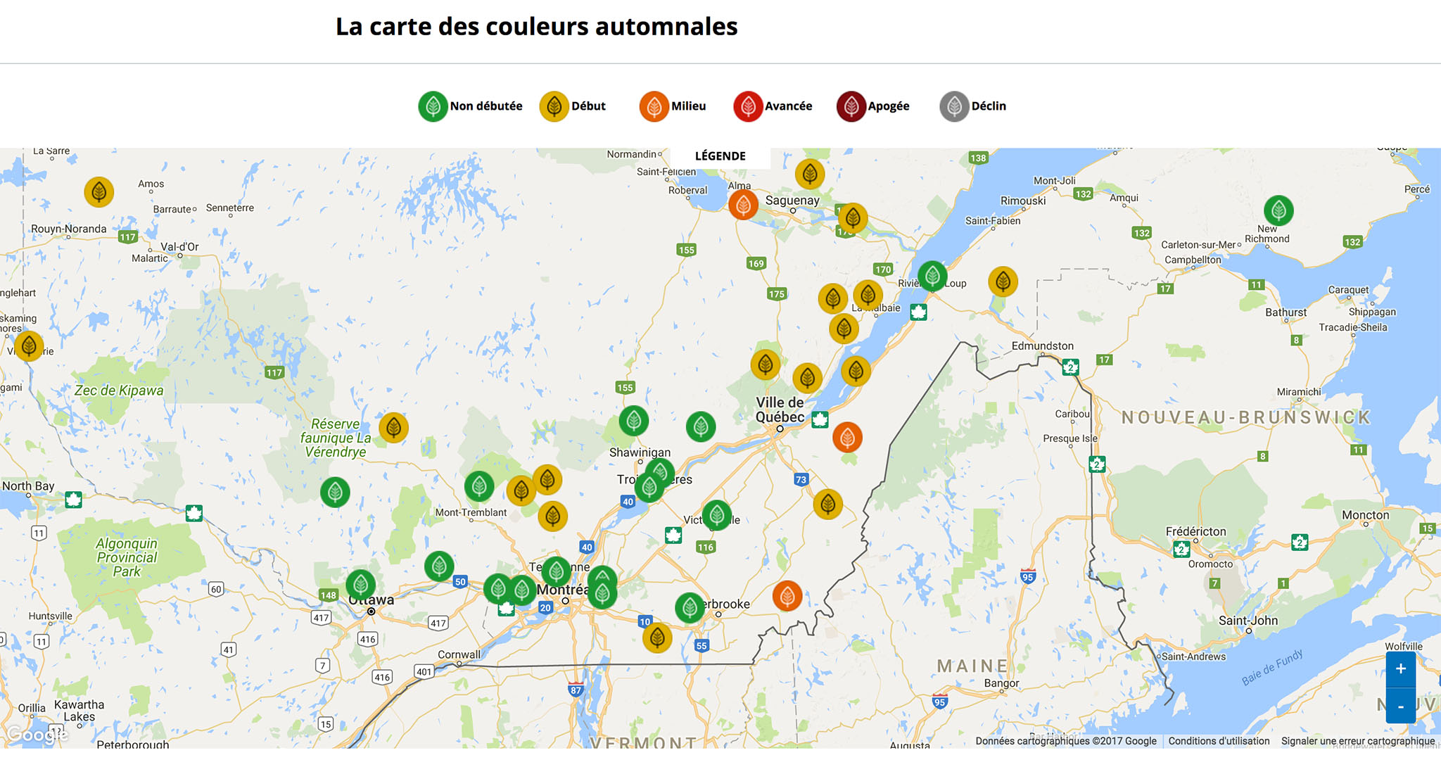 La carte des couleurs automnales du Québec dans chacun des parcs pendant l'été indien